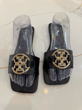 Black Slide Sandals with Gold Emblem - Women EU Size 41 (US 10 to 10-1/2)